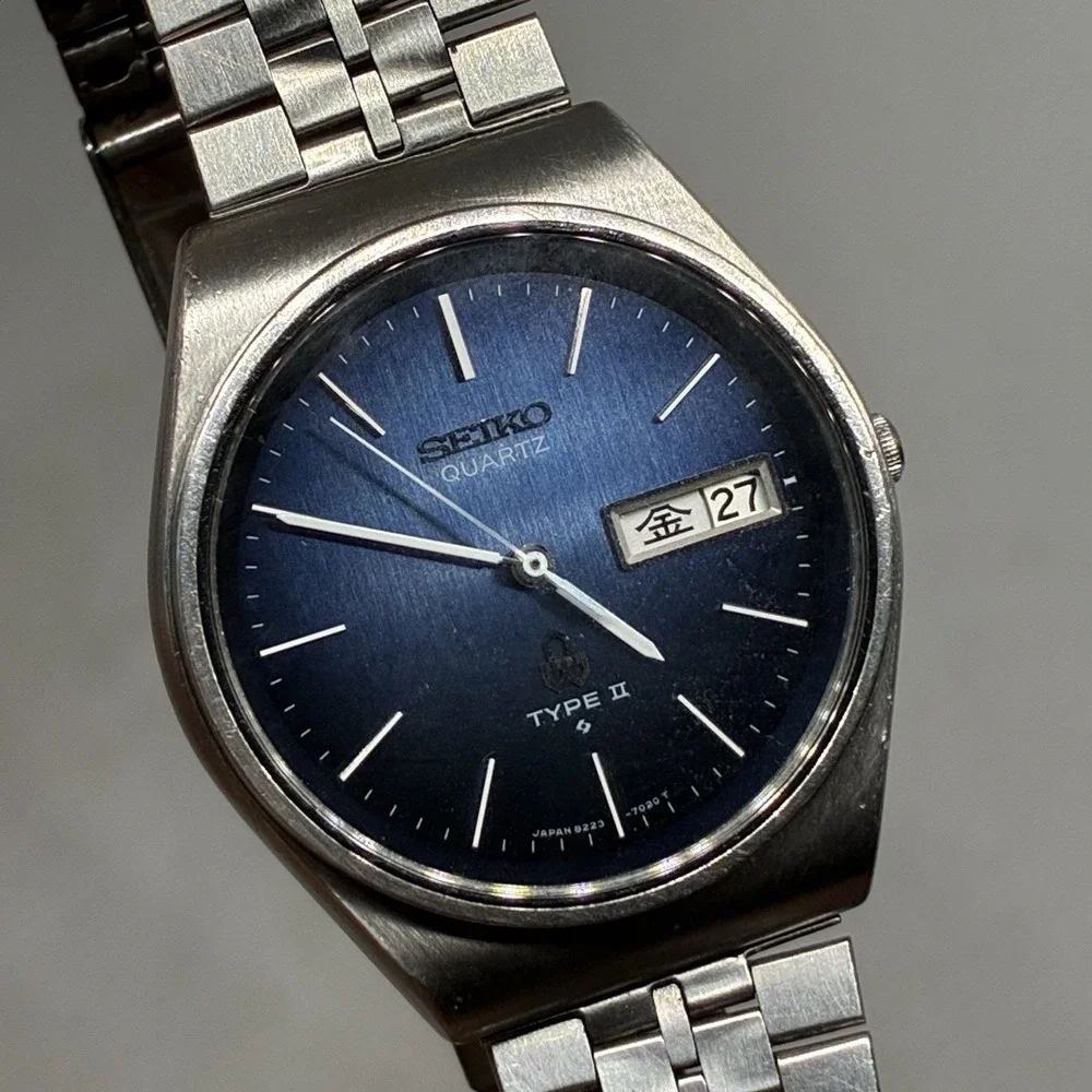 Vintage Seiko Type II 8223-701D Blue Dial Quartz Men's Watch 35mm - NEW CRYSTAL!